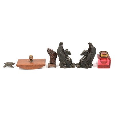 Lot 161 - Pair of cast griffin bookends, desk  blotter, and other desk ornaments