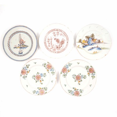 Lot 45 - Pair of English delft polychrome plates, attributed to Liverpool, and three others