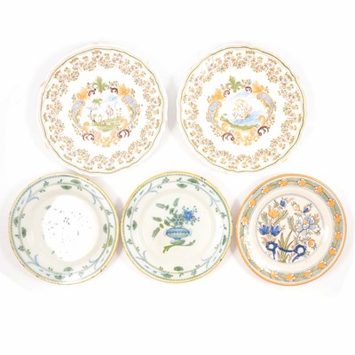 Lot 35 - Pair of French faience plates, another faience plate, and two maiolica plates