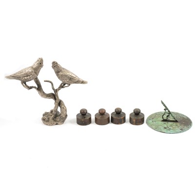 Lot 146 - Cast white metal group of parakeets; verdigris patinated sundial, 6", etc