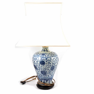 Lot 97 - Chinese blue and white vase converted to a lamp base, and two other lamp bases.