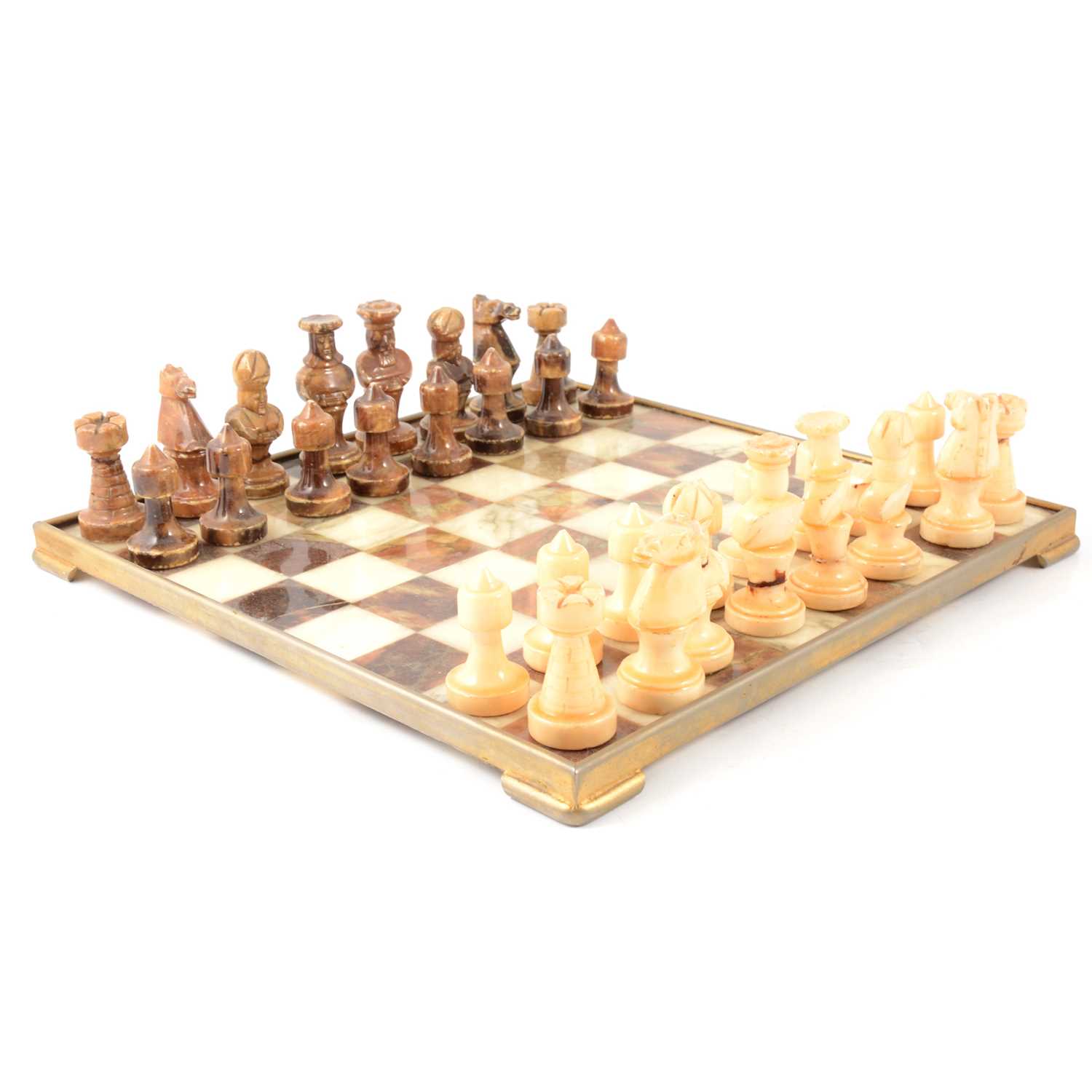 Lot 159 - Onyx chess set with board and composition chess pieces