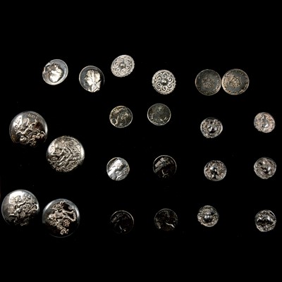 Lot 403 - Two sets of six small silver buttons, a larger set of four, three pairs of buttons.