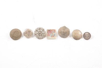 Lot 278 - A collection of loose buttons, buckles, coins, badges, some early examples, printing blocks.