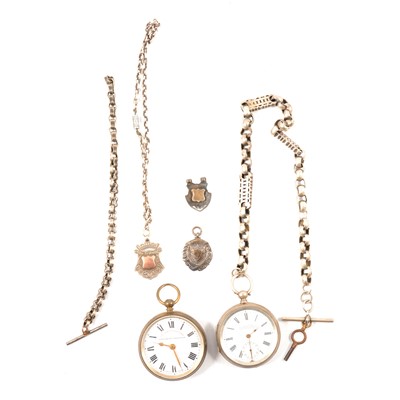 Lot 284 - Two pocket watches, Albert watch chains and fobs.