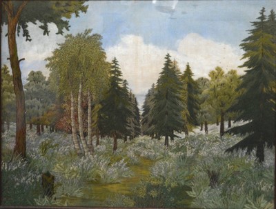 Lot 270 - Embroidered and painted picture, Pine Forest