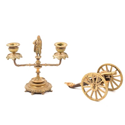Lot 136 - Brass candlestick; and a modern table cannon,...