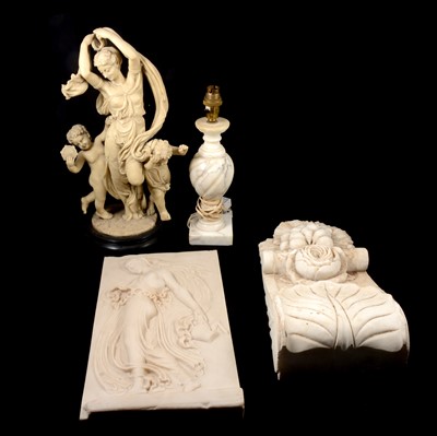 Lot 186 - Four table lamps; resin figure; and two plaque,...