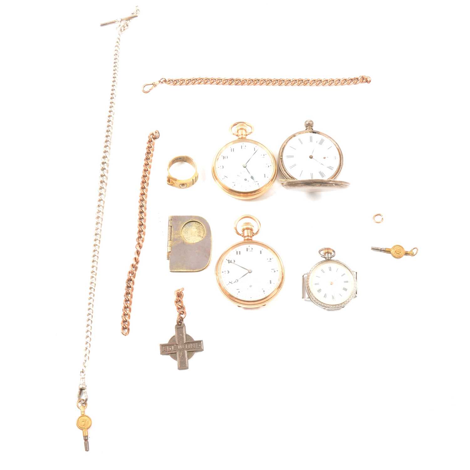 Lot 286 - Gold-plated, silver and base metal pocket watches and Albert chains, brass pocket sundial.