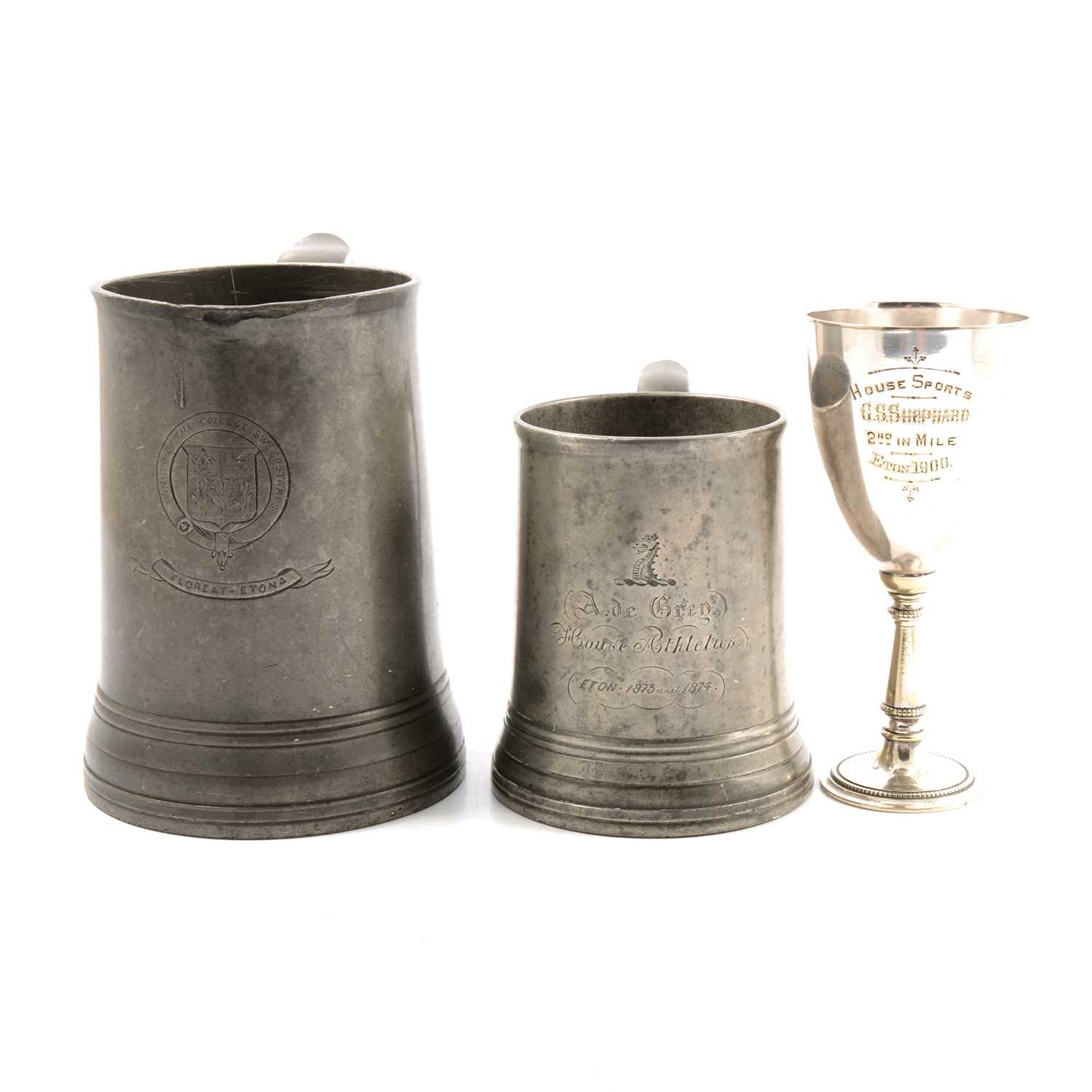 Lot 87 - Eton interest: House Sports trophy awarded to G S Shephard, 1900; and two pewter tankards