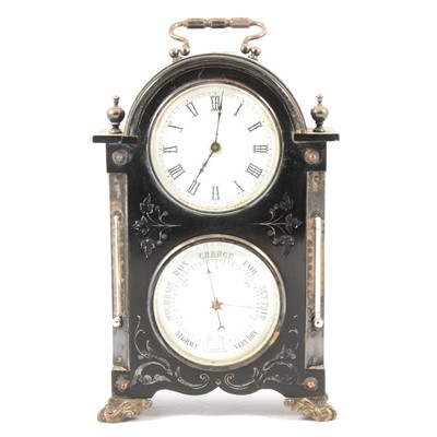 Lot 98 - French ebonised desktop clock, barometer and thermometer