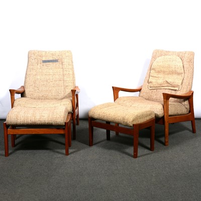 Lot 1061 - Pair of Danish teak reclining easy chairs and stools, by Vamdruk Stolefabrik