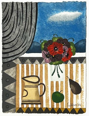 Lot 1109 - Mary Fedden - Still life with Pansies, Jug, and Fruit