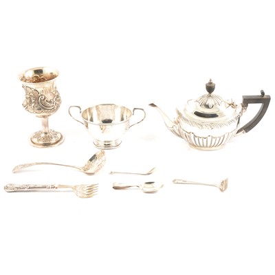 Lot 191 - A silver teapot, twin handled bowl, Victorian silver goblet, 1865, sifting spoon, four other small items.