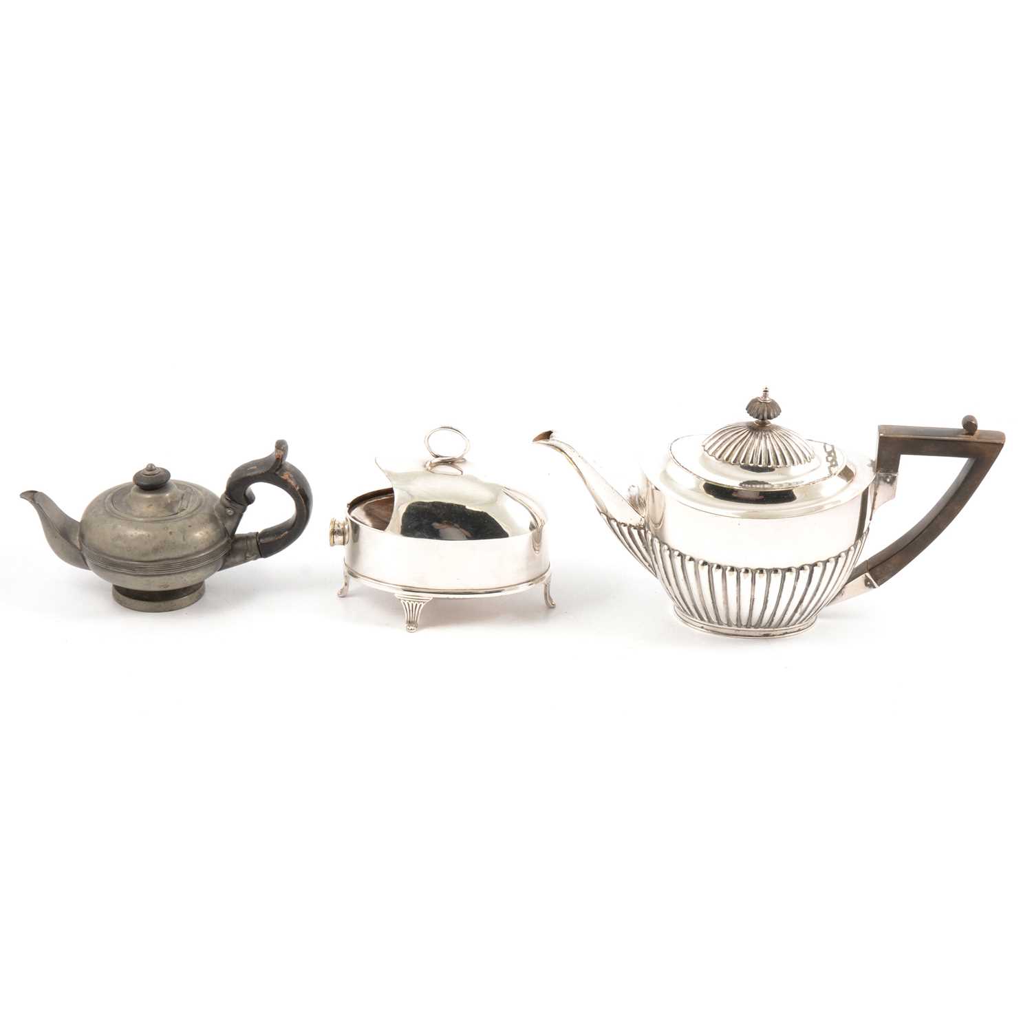 Silverplated teapot, entree dishes, spoon warmer, cutlery and small