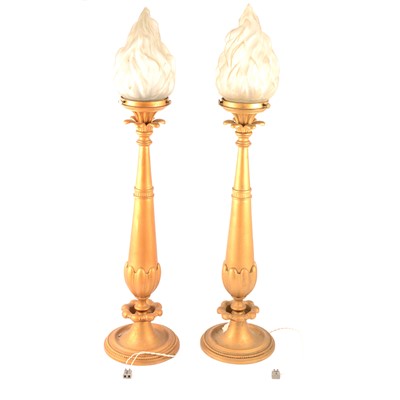 Lot 176A - Pair of Edwardian gilt metal lamps with flame shades