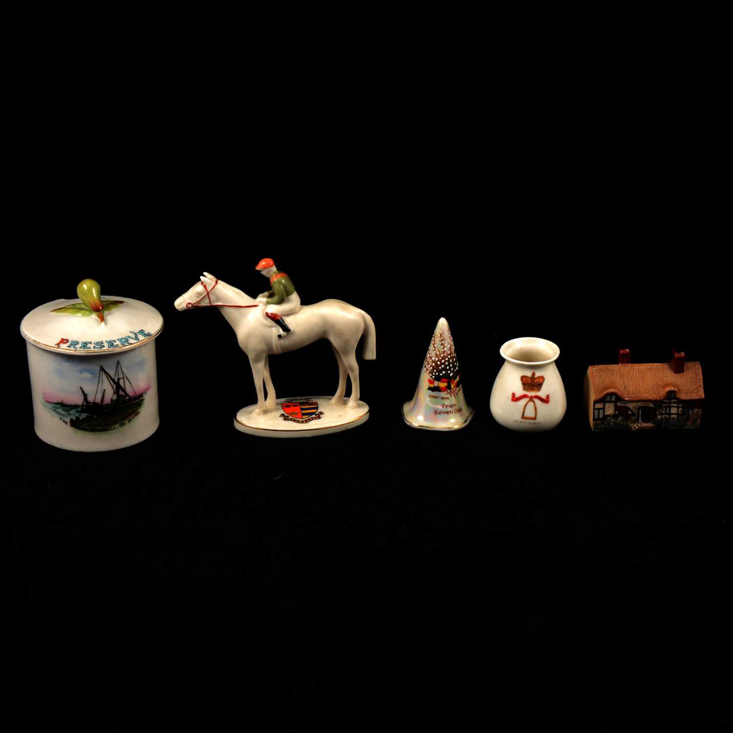 Lot 24 - Goss crested china model of a racehorse and jockey, and other crested china