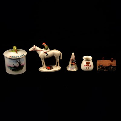 Lot 24 - Goss crested china model of a racehorse and jockey, and other crested china