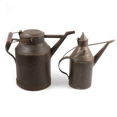 Lot 130 - Two French oil cans, with carry handles and lids