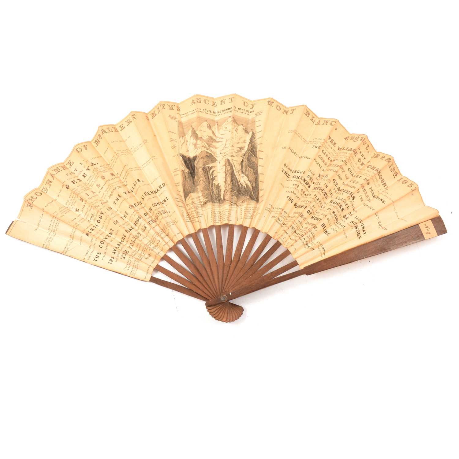 Lot 33 - 19th century paper fan, depicting Albert Smith's descent of Mont Blanc in 1851