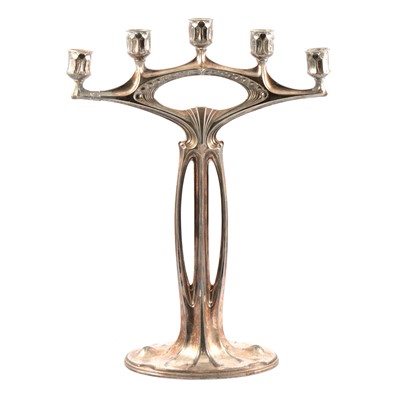 Lot 133 - WMF, attributed, a large Jugendstil/ Art Nouveau silvered metal five-light candelabra