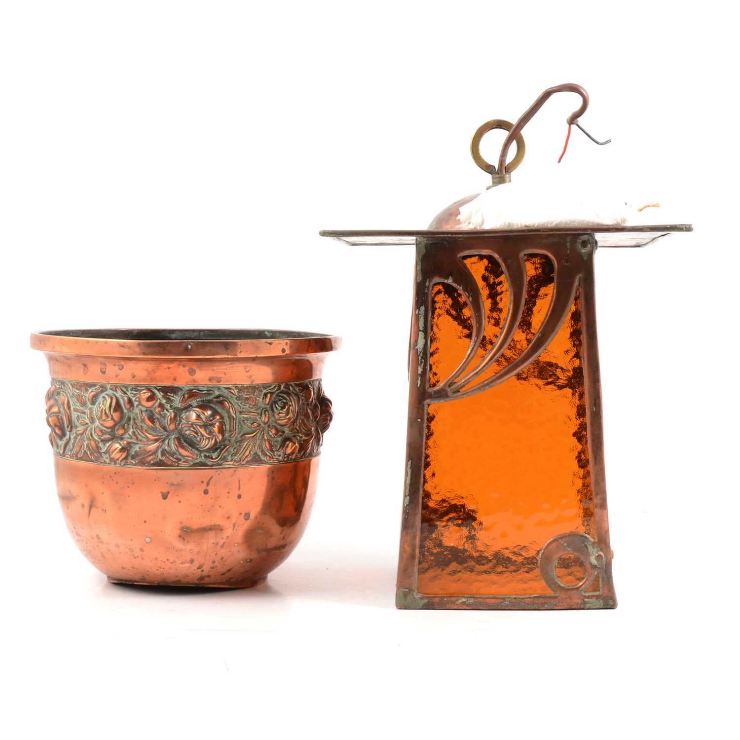 Lot 101 - Arts and Crafts copper lantern and planter.