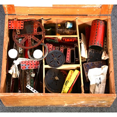 Lot 205 - Meccano, one wooden box full, including gears, wheels, strips, girders etc.