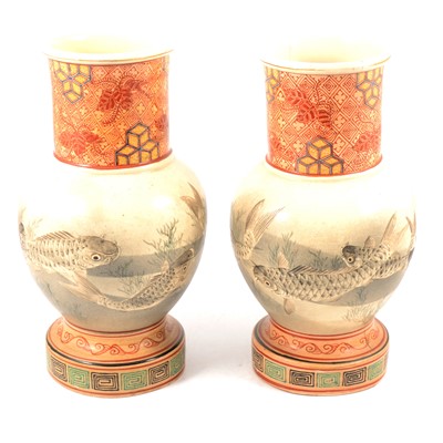 Lot 25 - Pair of Japanese  Satsuma pottery vases, painted with carp