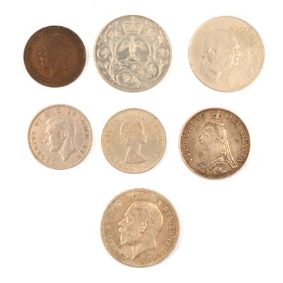 Lot 121 - Various coins, Queen Victoria 1889 Half Crown, Commemorative Crowns, One George V Penny with fault.