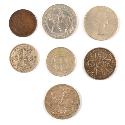 Lot 121 - Various coins, Queen Victoria 1889 Half Crown, Commemorative Crowns, One George V Penny with fault.