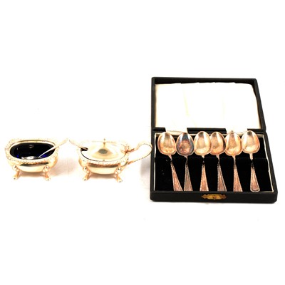 Lot 190A - Silver condiment set, F Drury Ltd, Sheffield 1979, and a cased set of silver teaspoons.