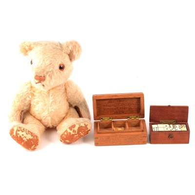 Lot 115 - Teddy bear, dominoes and an oak box.