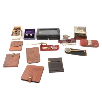 Lot 205 - Quantity of gentleman's reindeer leather wallets, attache case, cufflinks, folding spectacles, brooch, etc