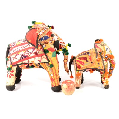 Lot 129 - Two Indian fabric model elephants, embroidered with mirrors and beads., 40cm, 30cm.