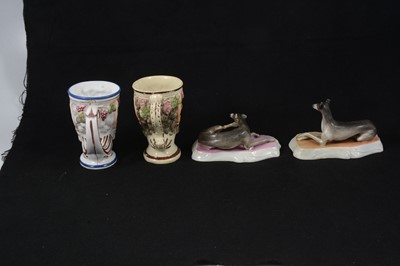 Lot 19 - An English porcelain model of a reclining greyhound, and three other pottery items