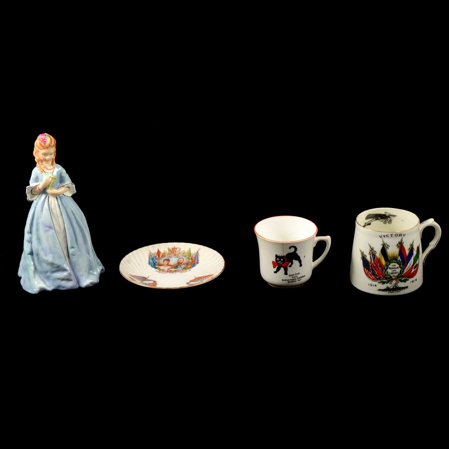 Lot 67 - WW1 Victory mug, commemorative cup, commemorative saucer, and a Royal Worcester figurine.