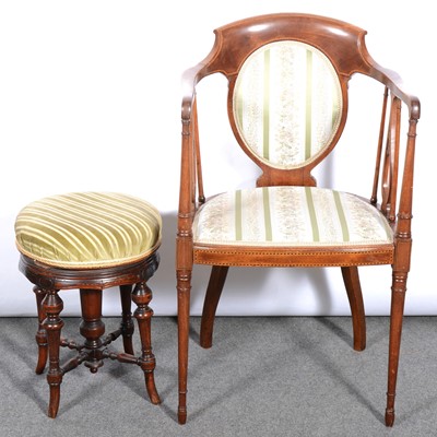 Lot 455 - Edwardian inlaid mahogany tub chair and a piano stool