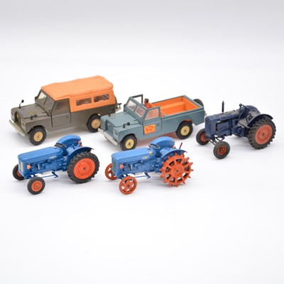 Lot 343 - Five Britains farm models Fordson Major tractors and long wheel base Land Rovers