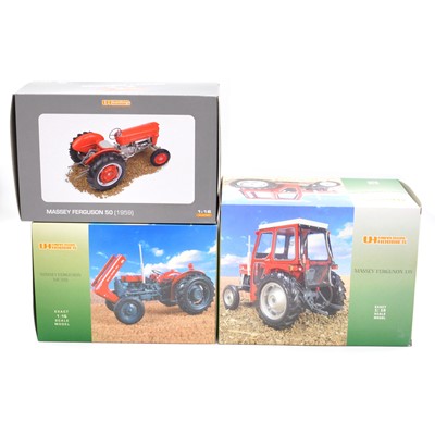 Lot 350 - Three Universal Hobbies farm model tractors  including Massey Ferguson MF35X