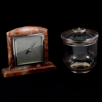 Lot 184 - An alabaster desk thermometer and a biscuit box