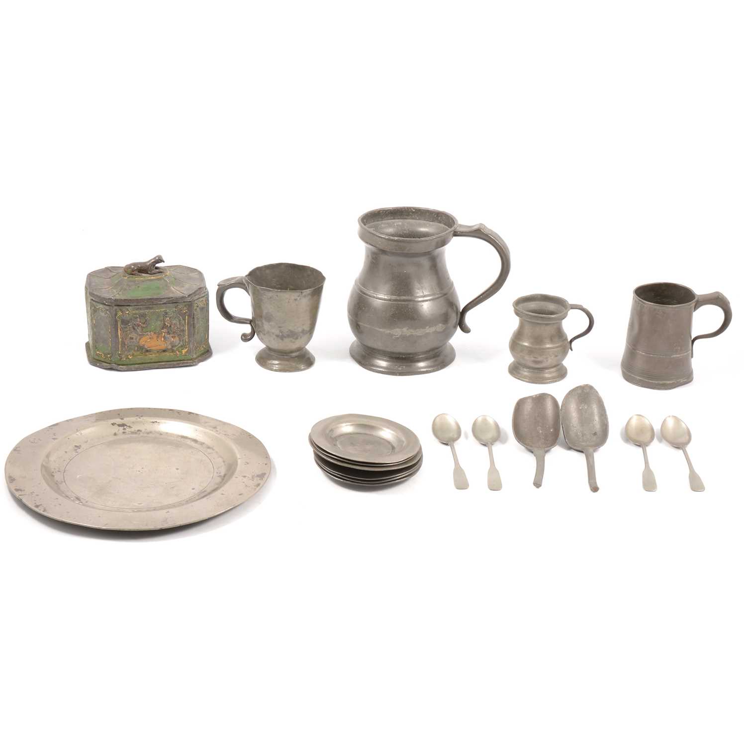 Lot 13 - Lead tobacco box and pewter ware