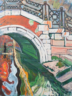 Lot 146 - John Randall Bratby, Canal with red and gold water: Gore Vidal