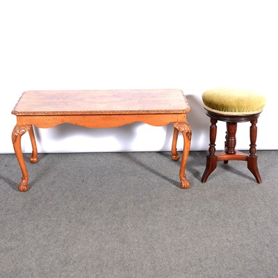 Lot 406 - Figured walnut coffee table and nest of tables / piano stool etc