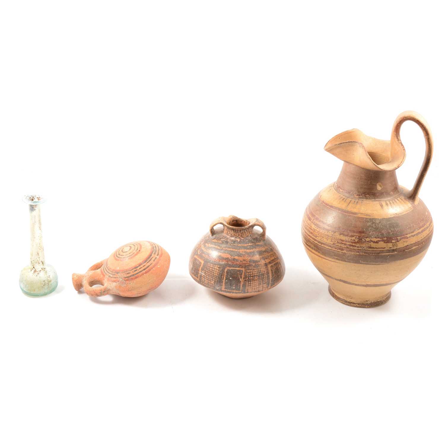 Lot 1 - Roman glass unuentarium, flak, jar and oinochoe