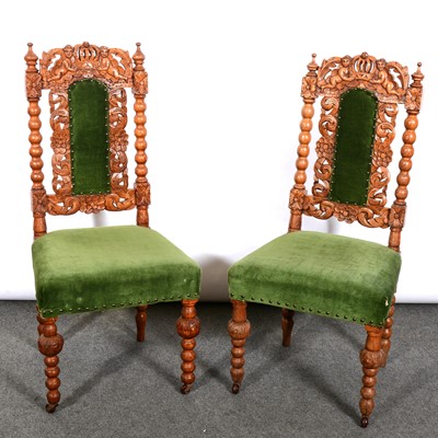 Lot 378 - Pair of Victorian carved oak dining chairs.
