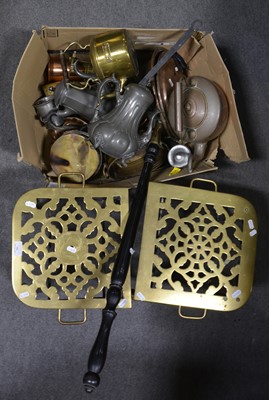 Lot 184 - Pair of Victorian brass 'footman' trivets and other metalware