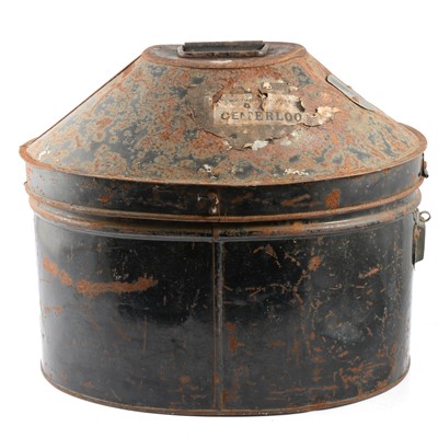 Lot 190 - Old tin pith helmet box, engraved R Talbot Kelly