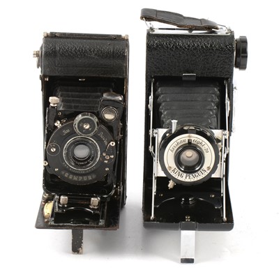 Lot 105 - Nine vintage folding cameras, including Tea; King Penguin; but mostly Kodak.