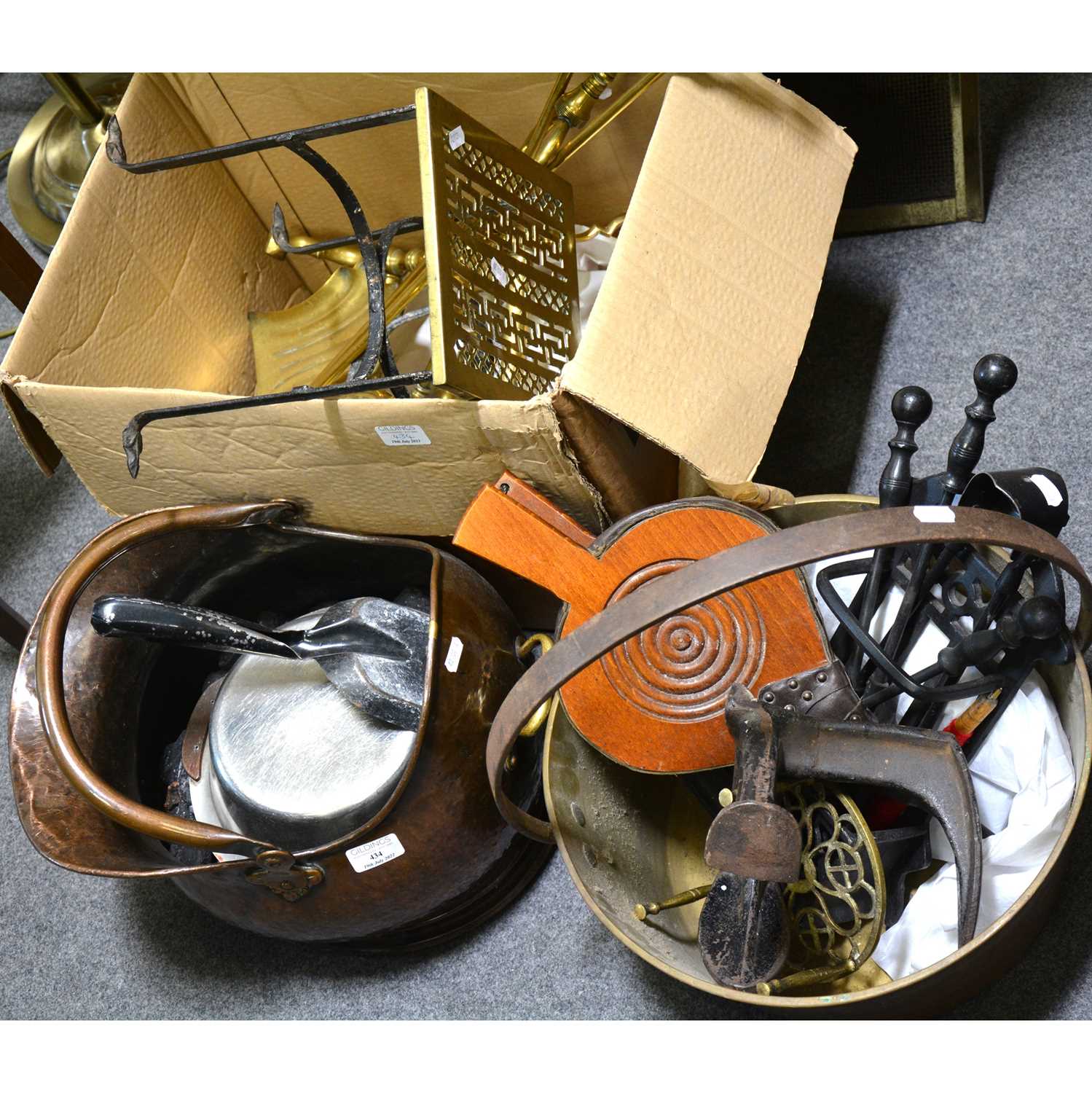 Lot 434 - Brass and copper, fireside accessories