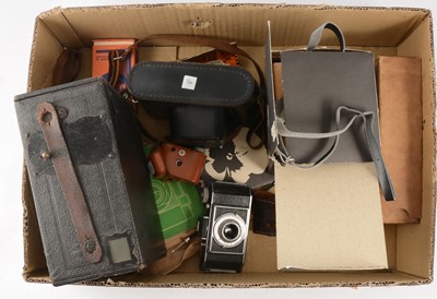 Lot 104 - Mixed vintage cameras and accessories, one tray including Zorki-4K and miniature cameras.